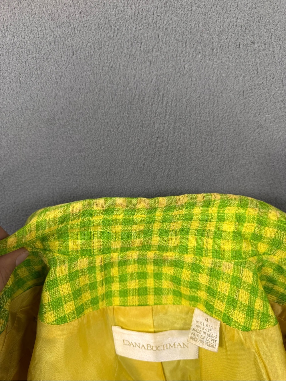 Vintage 90’s Dana Buchman Linen Lime Green + Yellow Gingham Blazer Jacket, 4 - Picture 12 of 13